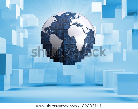 Digital globe on blue background with cubes