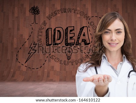 Composite image of smiling brunette doctor presenting her hand