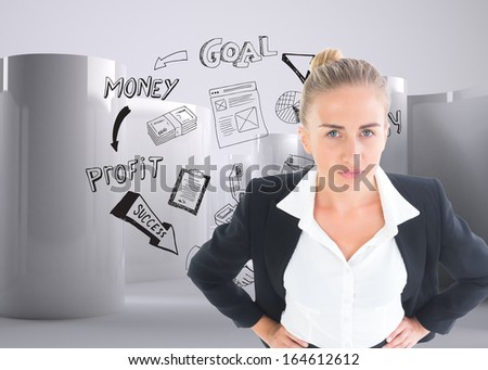 Composite image of blonde businesswoman standing with hands on hips