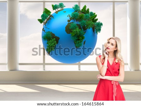 Composite image of thoughtful elegant blonde wearing red dress