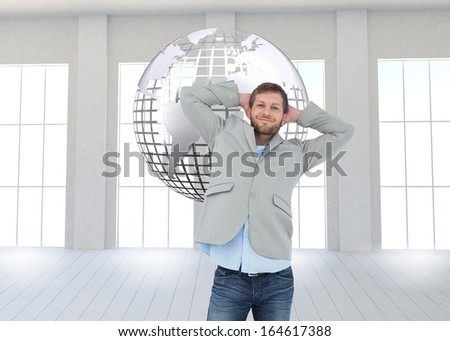 Composite image of suave man in a blazer with hands behind head looking at camera