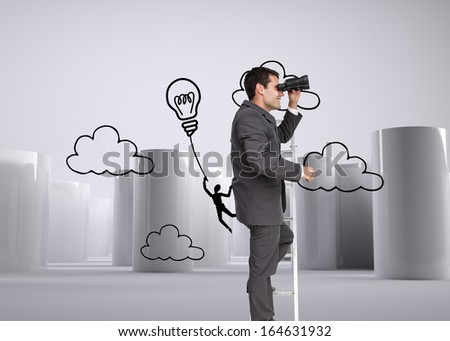 Composite image of businessman standing on ladder holding binoculars