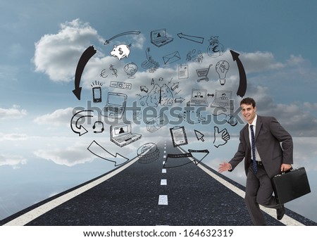 Composite image of smiling handsome businessman in a hurry
