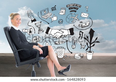 Composite image of blonde businesswoman sitting on swivel chair in black suit