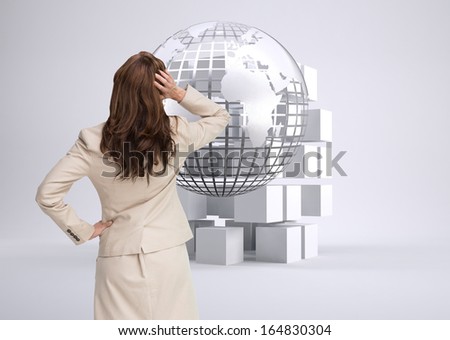 Composite image of businesswoman standing back to camera with hand on head