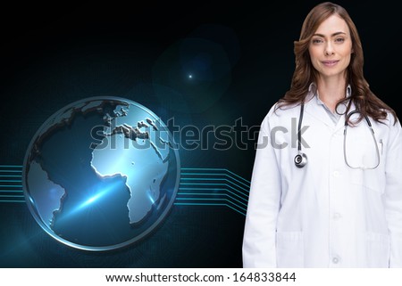 Composite image of happy brunette doctor looking at camera