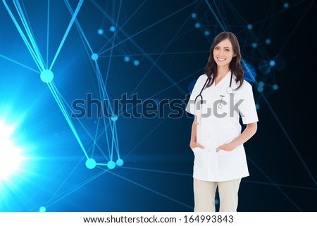 Composite image of confident female doctor standing in front of the window while smiling