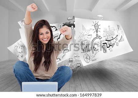 Composite image of a woman celebrating in front of her laptop as she smiles looking forward.
