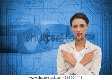 Composite image of charismatic businesswoman with her arms crossed and fingers pointing