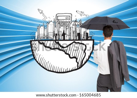 Composite image of businessman standing back to camera holding umbrella and jacket on shoulder