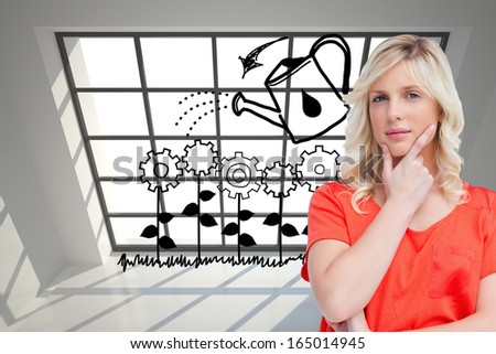 Composite image of teenager standing upright thoughtfully with her fingers on her chin