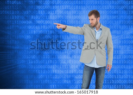 Composite image of trendy model pointing to something