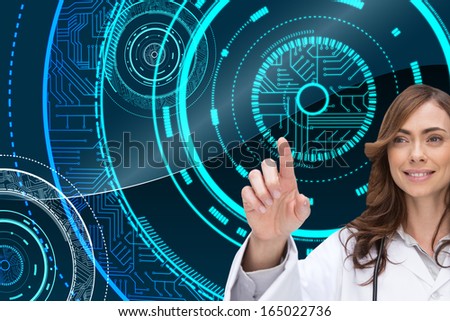 Composite image of smiling brunette doctor pointing