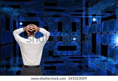 Composite image of businessman standing back to camera hands on head