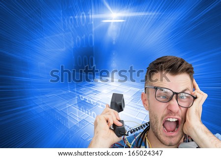 Composite image of portrait of frustrated computer engineer screaming while on call in front of open cpu