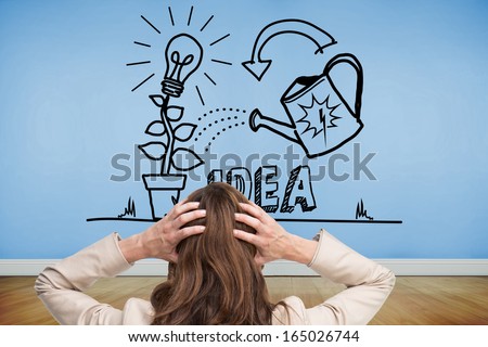 Composite image of young classy businesswoman with hands on head standing back to camera
