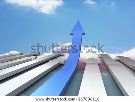 Blue and grey arrows pointing against sky