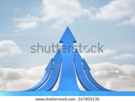 Blue curved arrows pointing against sky