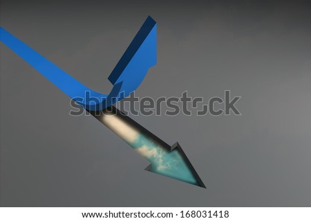 Blue arrow pointing up against grey surface