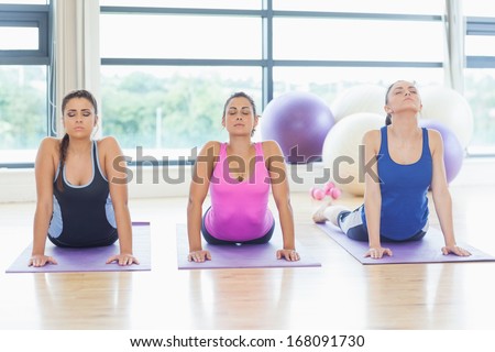 Three fit women doing the cobra pose in a bright fitness studio