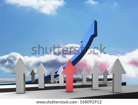 Red grey and blue arrows pointing up against sky