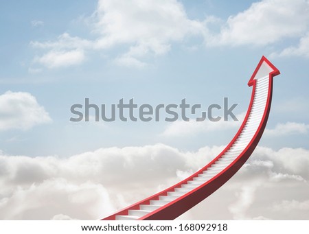 Red stairs arrow pointing up against sky