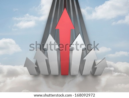Red and grey curved arrows pointing up against sky
