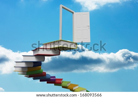 Book steps leading to door against sky