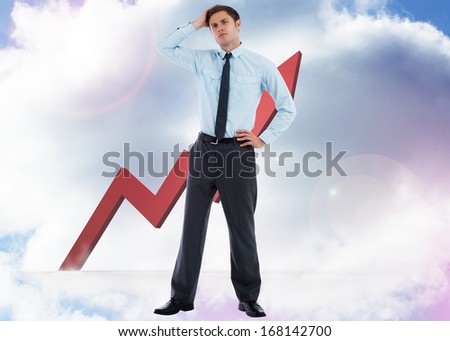 Thoughtful businessman with hand on head against red jagged arrow pointing up against sky