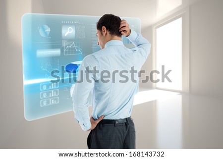 Thinking businessman with hand on head against closed and open doors in sky