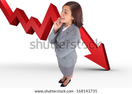 Smiling thoughtful businesswoman against red arrow pointing down