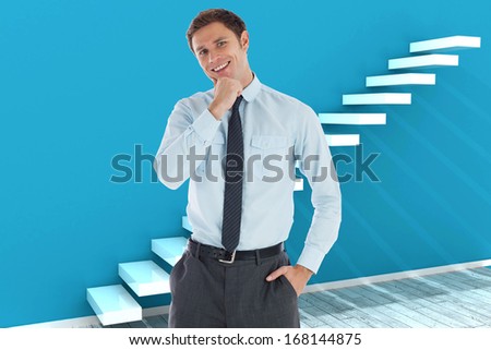 Thoughtful businessman with hand on chin against white steps on a blue wall