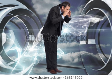Shouting businessman against cloud and energy design on a futuristic structure