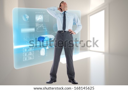 Thinking businessman with hand on head against tiny figures in white hall