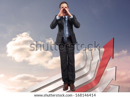 Shouting businessman against red and grey curved arrows pointing against sky