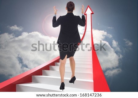 Businesswoman gesturing against winding staircase in the sky with flying papers