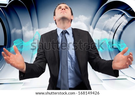 Businessman posing with arms out against abstract blue design on clouds in structure