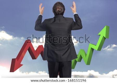 Stressed businessman gesturing against city scene in a room