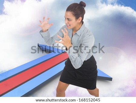 Furious businesswoman gesturing against steps leading to light in the darkness