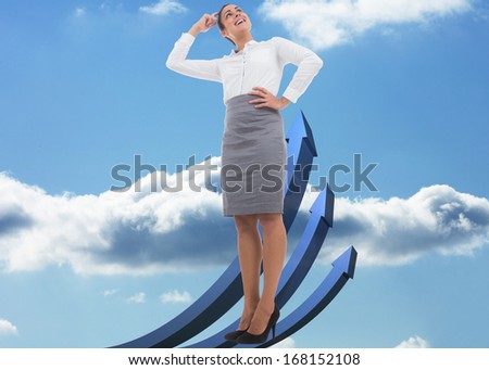 Smiling thoughtful businesswoman against blue curved arrows pointing up against sky