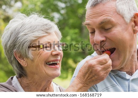 Close-up of a senior woman feeding strawberry to man at the park
