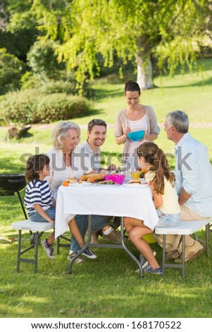 Side view of extended family dining at outdoor table