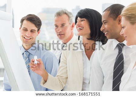 Colleagues watching laughing businesswoman write on whiteboard in the office