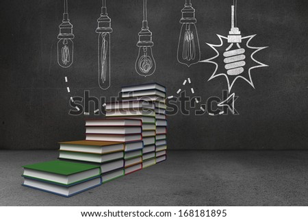 Steps made of books in front of light bulb doodle on blackboard wall
