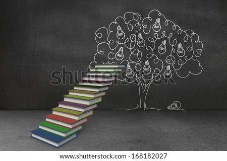 Steps made of books in front of light bulb tree doodle on blackboard wall