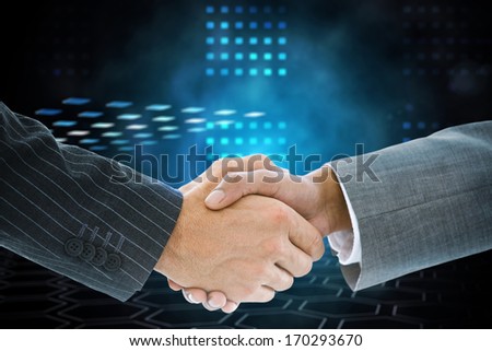 Composite image of business handshake against technical background with squares and hexagon pattern