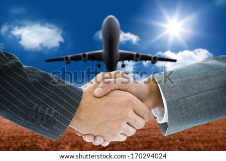 Composite image of business handshake against 3d plane taking off over field