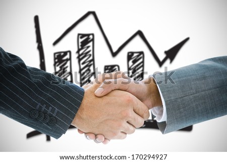 Composite image of business handshake against budget written on wall with sky
