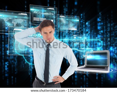 Thinking businessman scratching head against glowing blue key on black background
