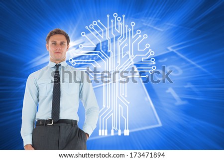 Serious businessman standing with hand in pocket against shiny background with squares